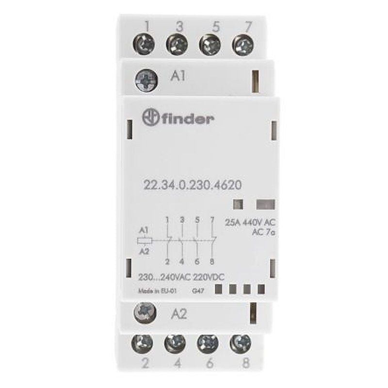 Finder 22 Contactor, 230V ac Coil, 4-Pole, 25 A, 4 kW 230V ac, 2 NO/2 NC, 250 V dc, 440V ac