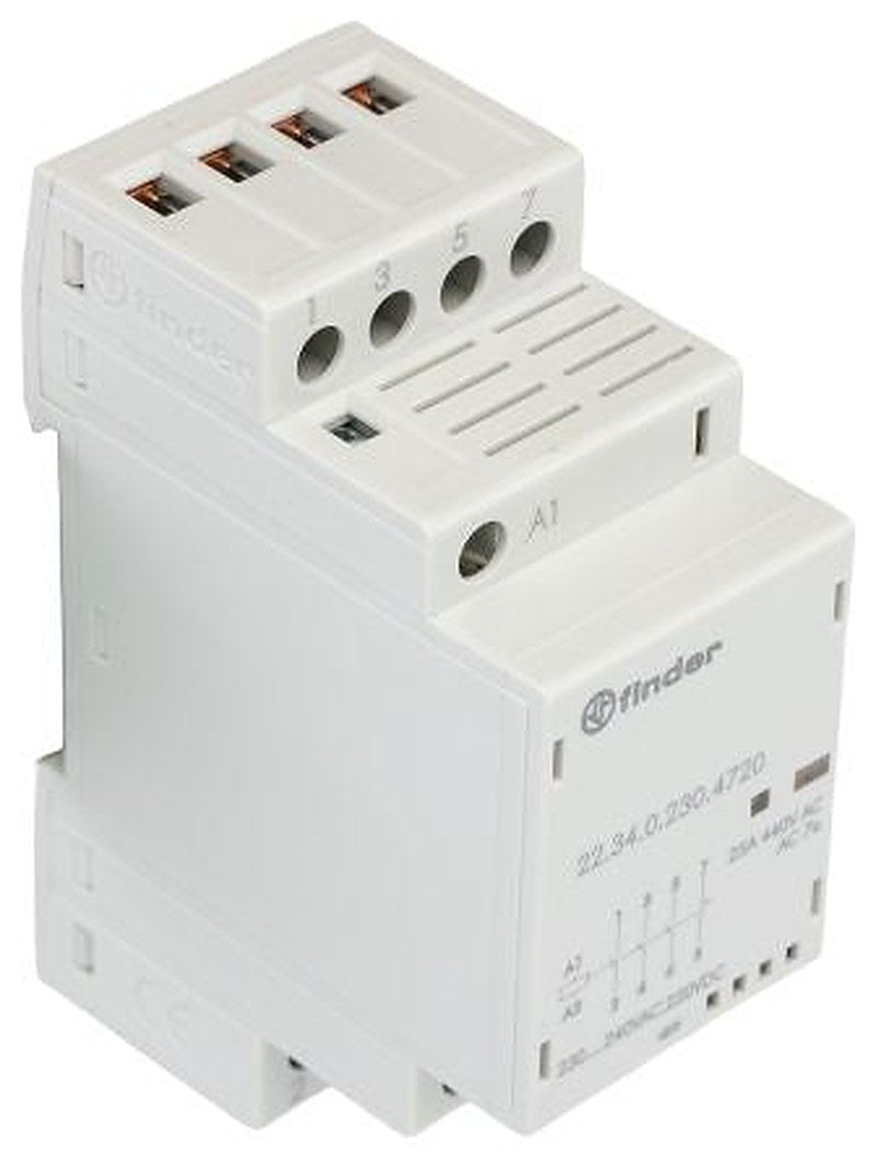 Finder 22 Contactor, 230V ac/dc Coil, 4-Pole, 25 A, 3 NO/1 NC, 250V ac, 440 V ac
