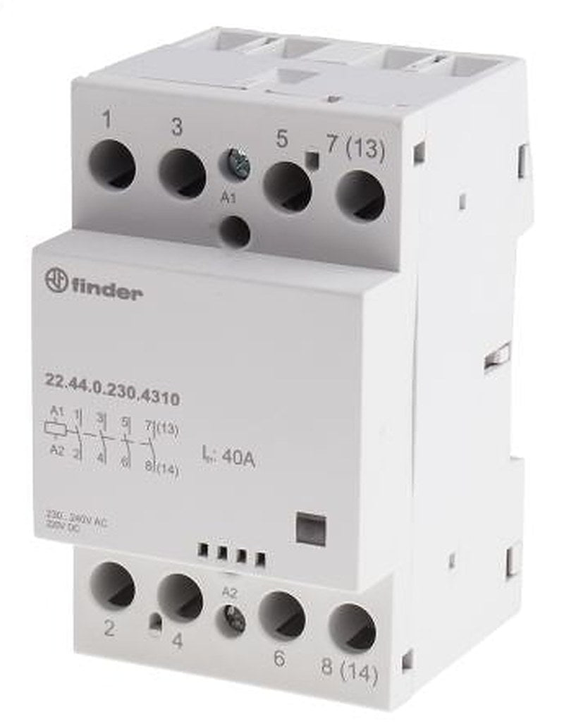 Finder 22 Contactor, 230V ac/dc Coil, 4-Pole, 40 A, 6 VA, 4 NO, 480V ac, 400 V ac