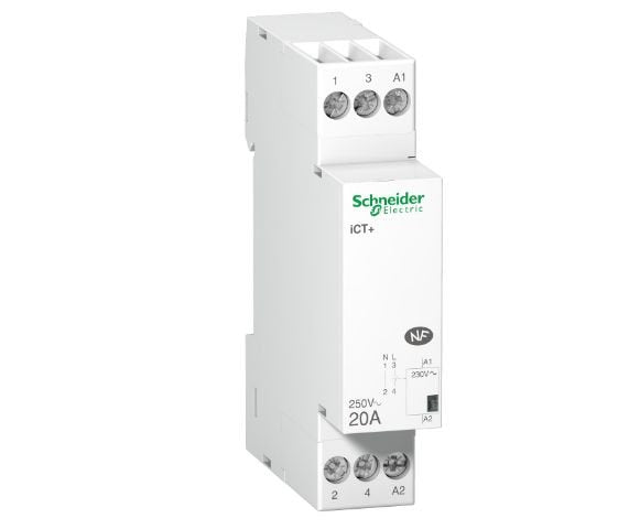 The Schneider Electric Acti9 iCT+ is a low voltage silent modular contactor. It is a 1P remote control device with 1 normally open contact. The rated current is 20A for AC-7a and 20A for AC-7b. The Ue rated operational voltage is 250VAC. Electrical endurance goes up to 5000000 cycles The maximum switching operations is 6 per minute The Ui rated insulation voltage is 300VAC Pollution degree is 3 It is DIN rail mountable