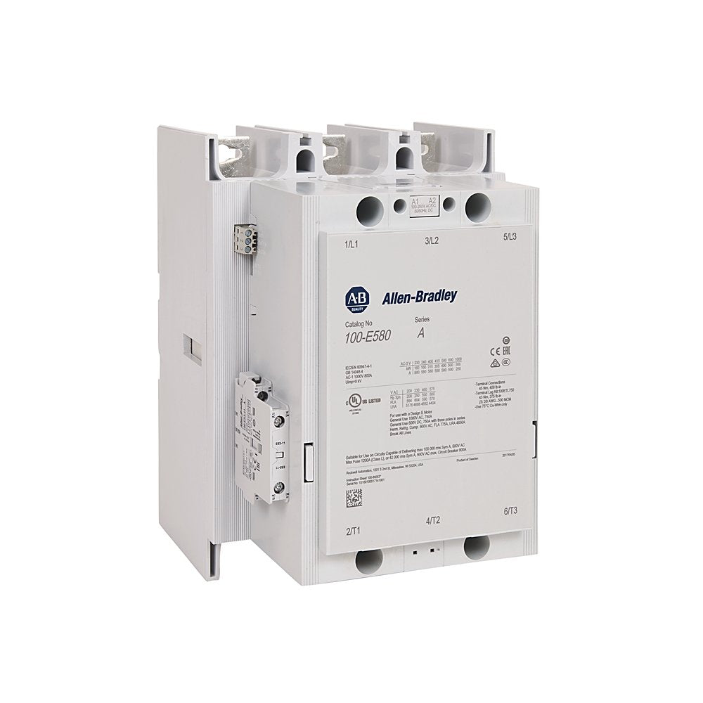 The Rockwell Automation Contactor, IEC, 750 A,24-60V 50-60 Hz/24-60V DC has 3 NO Poles,1 NO 1 NC Auxiliary Contacts, With 24V DC PLC Interface, Bus Bar Connections. PLC Interface