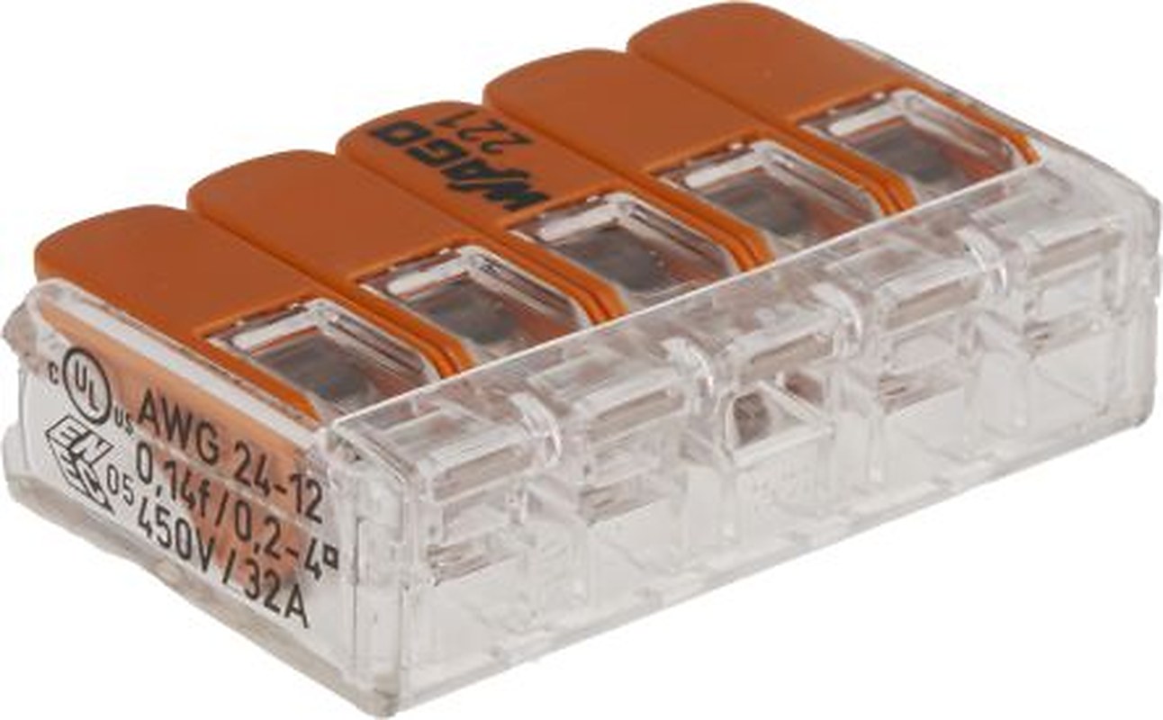 WAGO 221 Series Lever Connector, 5-Way, 12AWG, 24 AWG Wire, 32A Cage Clamp
