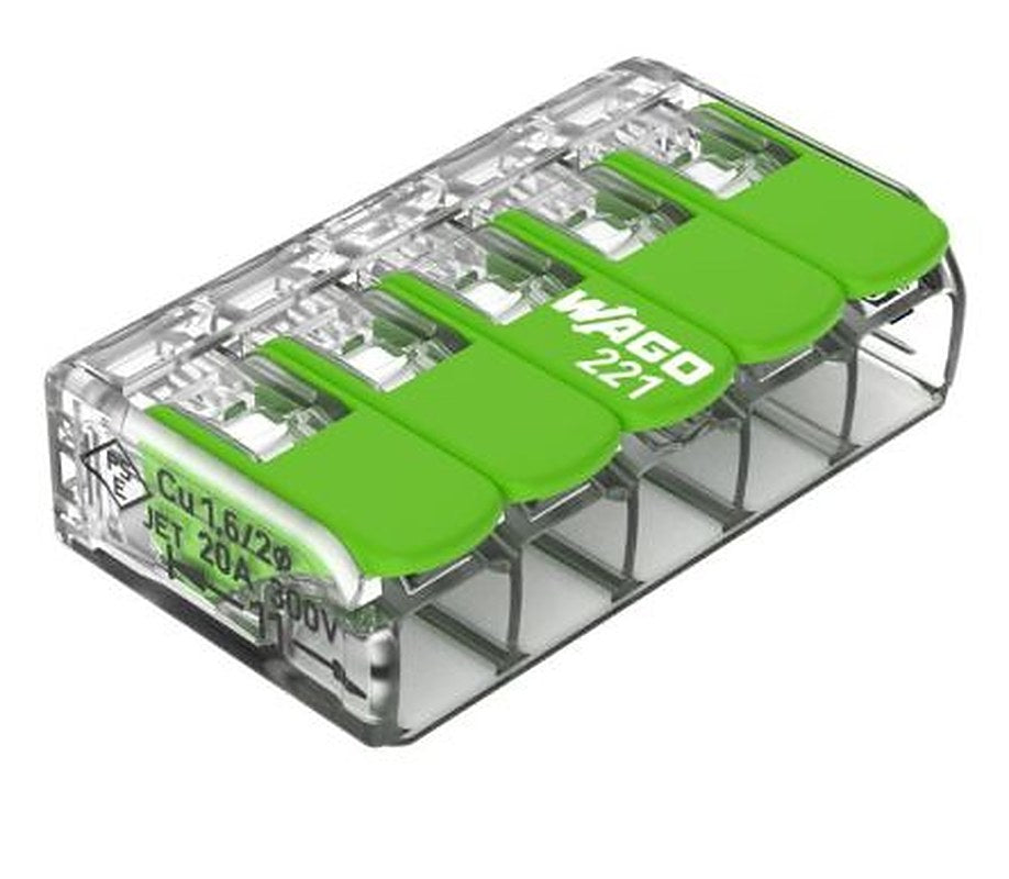 WAGO 221 Series Lever Connector, 5-Way, 32A Cage Clamp