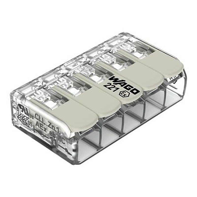 WAGO 221 Series Connector, 5-Way, 12AWG, 24 AWG Wire, 32A Cage Clamp