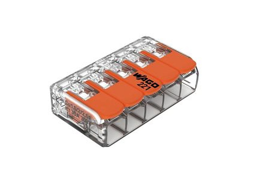 WAGO 221 Series Lever Connector, 5-Way, 10AWG, 20 AWG Wire, 41A Cage Clamp