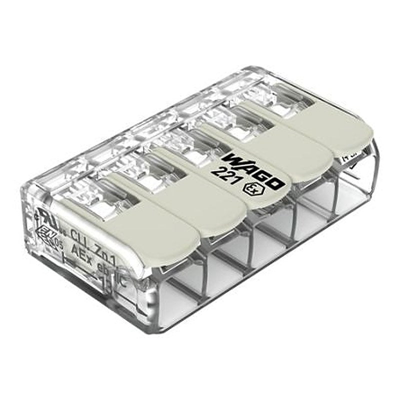WAGO 221 Series Connector, 5-Way, 10AWG Wire, 30A Plug-In