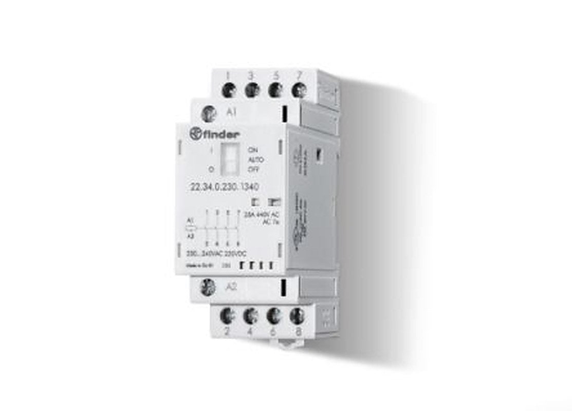 Finder 22 Contactor Relay, 24V ac/dc Coil, 4-Pole, 25 A, 4 kW, 4 NO, 250V ac, 440 V ac