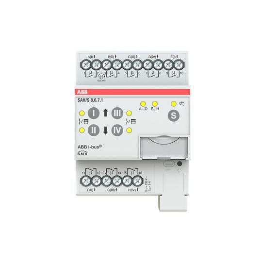 The ABB SAH/S series switch/shutter actuator is a modular installation device in proM design. The device is designed for installation in electrical distribution boards and small housings for rapid mounting on a 35-mm mounting rail. It possesses mutually independent switching relays. Screw terminal Degree of protection IP20 Contact position indication Manual operation