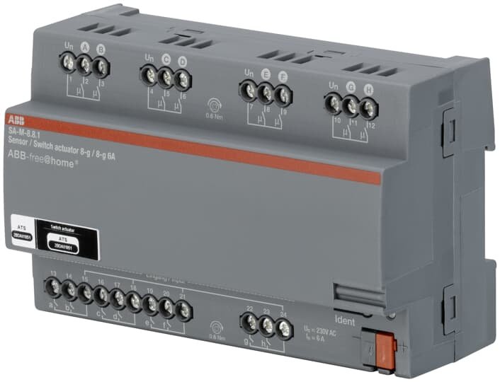 The ABB SA-M switch actuator is designed for installing on a mounting rail. The device has eight binary inputs as well as eight switching outputs. The binary inputs can be used as interface for the convenient operation of free@home systems via floating pushbuttons or for reading out technical binary signals. Eight binary inputs in the one device Eight switching channels in the one device Support of floating contacts Variable wiring via 6 mm terminals with combi-head screw