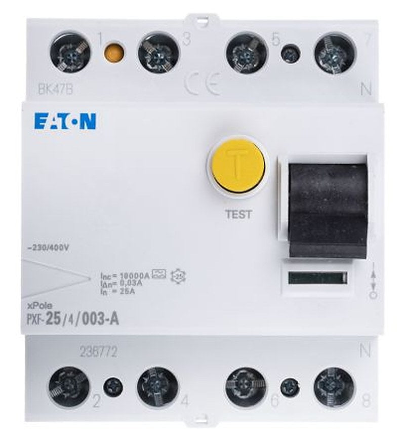 Eaton PXF-A Series Residual Current Circuit Breaker, 25A, 3+N-Pole, 30 mA, Type A, 500 A 400V ac
