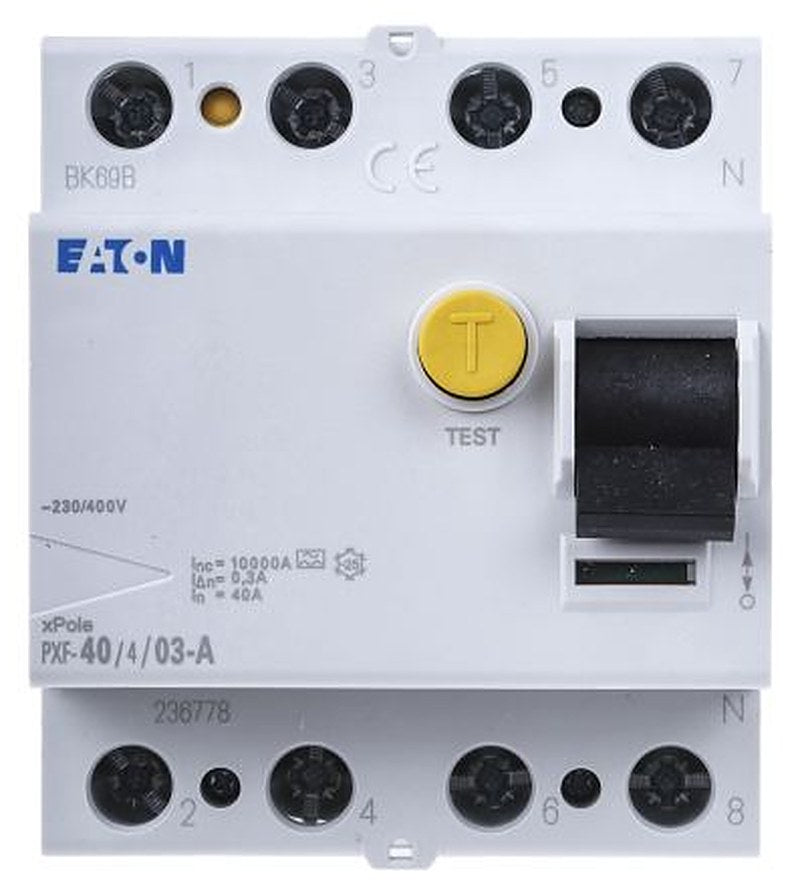 Eaton PXF-A Series Residual Current Circuit Breaker, 40A, 3+N-Pole, 300 mA, Type A, 500 A 400V ac