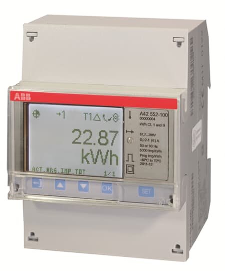 ABB Energy Meter, MODBUS RTU Communication, 6A Current Rating - A42 Series - 2CMA170518R1000 Want to trim down your electricity use? Track what you're consuming with this single-phase energy meter from ABB. It measures how much your industrial or commercial facility uses on an hourly basis. Thanks to its wide voltage range of 57.7 to 288V, it's ideal for most industrial and commercial environments, making it a versatile option. The device will even sound the alarm when electricity consumption spikes, to hel