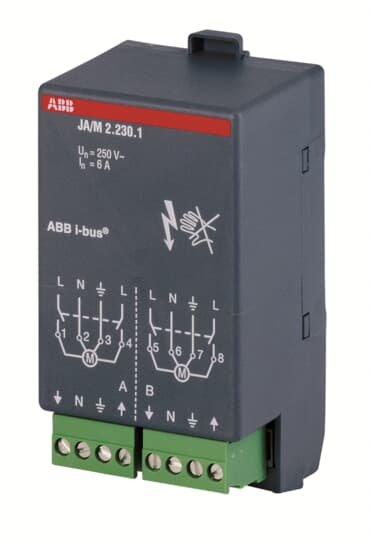 The ABB shutter actuator module for plugging into the Room Controller Basis Device. They control two independent blind or shutter drives with 115/230 V AC. It offers special functions like move to position and sun protection automatic control. Compatible KNX (TP) bus systems Degree of protection is IP54