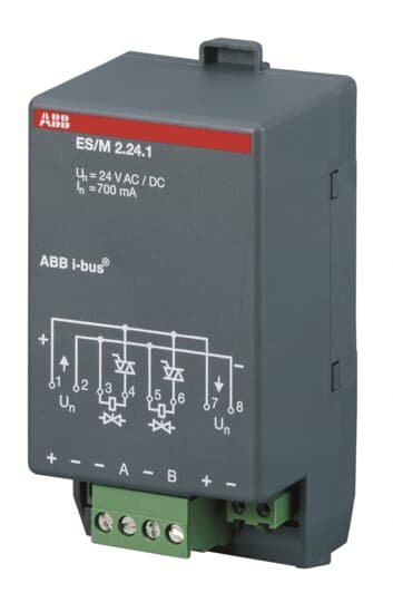 The ABB makes Shutter actuator module for plugging into the Room Controller Basis Device. It has two overload-proof, noise-free and wear-resistant outputs for the control of electro-thermal valve drives with a voltage of 12/24 V AC/DC, max. 700 mA continu IP54 degree of protection Compatible with KNX(TP) bus systems