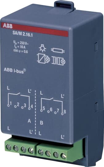 The ABB Switch actuator module is able to switch up to 16 A with two floating relay contacts. The feeding voltage is independent from the Room Controller Basis Device. It must thus be applied directly to the module. Compatible with KNX (TP) bus systems DIN rail mounting design with IP54 protection