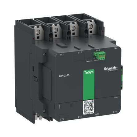 Schneider Electric LC1G2654EHEN TeSys Giga high power contactor, 4 poles (4 NO) for category AC-1 applications up to 385A @440V. It provides a 48-130V AC/DC wide band low consumption electronic coil and embedded highly reliability 1NO+1NC auxiliary contact block (17V 1mA). Designed for demanding applications with maximum operating rates up to 600 cycles per hour and environments until 60Â°C. It procures high reliability and durability with 5 Mcycles mechanical durability. Local Contact Wear Diagnosis (CWD) 