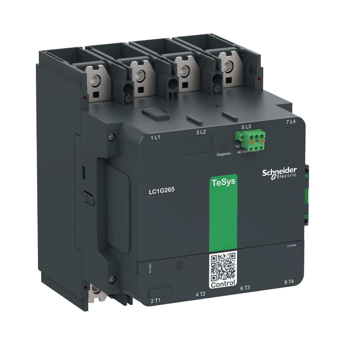 Schneider Electric LC1G5004EHEN TeSys Giga high power contactor, 4 poles (4 NO) for category AC-1 applications up to 700A @440V. It provides a 48-130V AC/DC wide band low consumption electronic coil and embedded highly reliability 1NO+1NC auxiliary contact block (17V 1mA). Designed for demanding applications with maximum operating rates up to 600 cycles per hour and environments until 60Â°C. It procures high reliability and durability with 5 Mcycles mechanical durability. Local Contact Wear Diagnosis (CWD) 