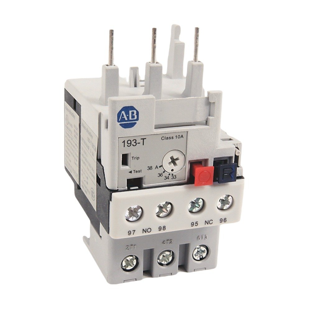 The Allen Bradley Bimetallic Overload Relay is designed for reliable motor protection, with a trip rating of ultimate tripping current set at 120% of the Full Load Amperage. It offers phase loss sensitivity, with a trip rating at phase loss of 115% FLA. The relay features an automatic or manual reset mode, providing flexibility in operation. For maintenance or testing, it includes a manual release of auxiliary contacts. Trip indication is clearly visible through a flag, ensuring easy identification of overl