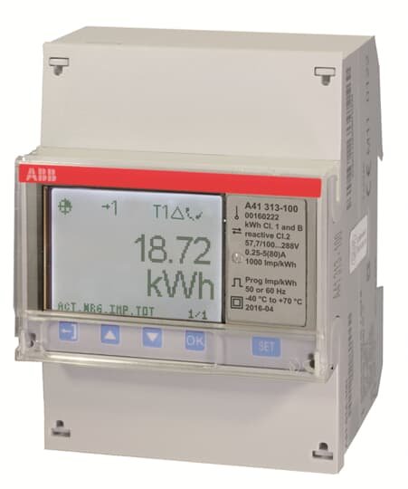 The ABB advanced electricity meter has large and easy to read back lighted pixel-oriented display. It is intended for use in the industry, commercial buildings etc. It can be used in 3 or 4 wire systems with a wide voltage range. The meter has several instrumentation values, 25 possible alarms and event logs. Single phase direct connected for active and reactive energy. Import and export of energy in different registers and one total. IP20 protection DIN rail mountable Resettable register for intermediate v