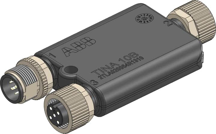 The ABB has adaptation of ABB optical safety devices with OSSD outputs to the DYNlink solution with possibility to connect a local reset button. Tina 10B has one M12-5 male connector towards the DYNlink loop, one M12-8 female connector towards the OSSD device and one M12-5 female connector for the local reset button. Product net height 35 mm Product net width 77 mm Product net weight 0.04 kg