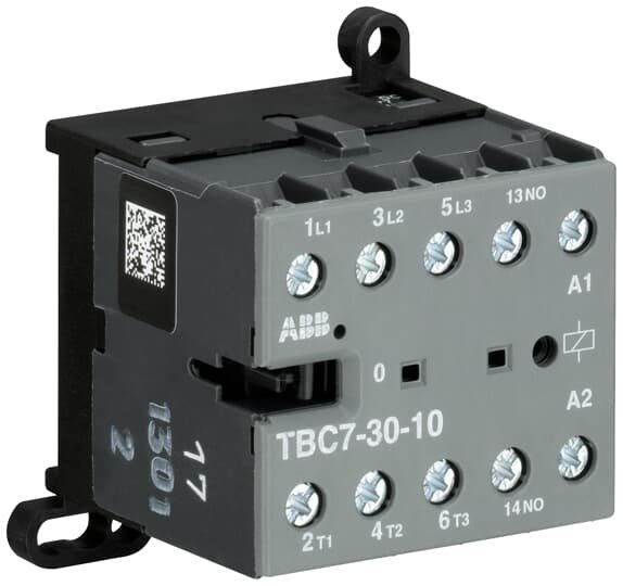 The ABB TBC7-30-10 mini contactor is a compact 3 pole contactor with 1 auxiliary contact and screw terminals. Its ideally suited for applications where reliability is a must and space is at a premium. Mini contactors are used in residential buildings, commercial buildings and industrial applications for the control of single or three-phase loads up to 5.5 kW (AC-3) and 20 A / 690 V (AC-1) or switching of control signals. Integrated possibility for rail or wall mounting Degree of protection IP20 Ambient air 
