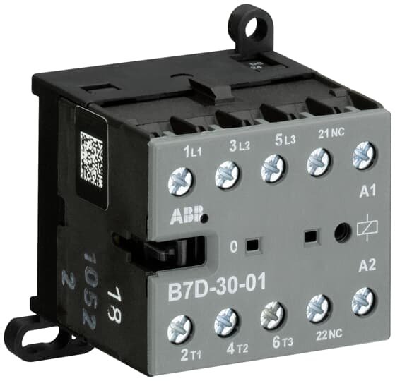 The ABB B7D-30-01 mini contactor is a compact 3 pole contactor with 1 auxiliary contact and screw terminals. Its ideally suited for applications where reliability is a must and space is at a premium. Mini contactors are used in residential buildings, commercial buildings and industrial applications for the control of single or three-phase loads up to 5.5 kW (AC-3) and 20 A / 690 V (AC-1) or switching of control signals. Degree of protection IP20 Ambient air temperature for operation is -20 to +55 °C Mechani