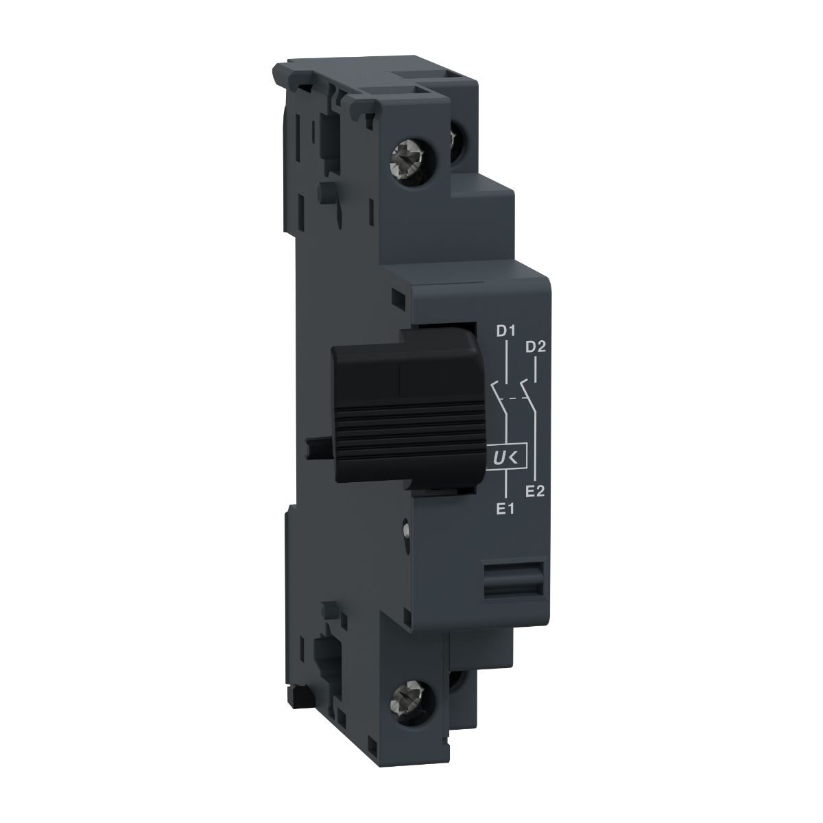 The Schneider Electric under voltage release for motor circuit breakers GV2, GV3. It trips the circuit breaker when the control voltage drops below 0.35 Uc, possible opening between 0.35-0.7 Uc. Closing of the circuit breaker is only possible when the control voltage is applied in the range 0.85-1.1 Uc. Side Mounted Screw clamp terminals