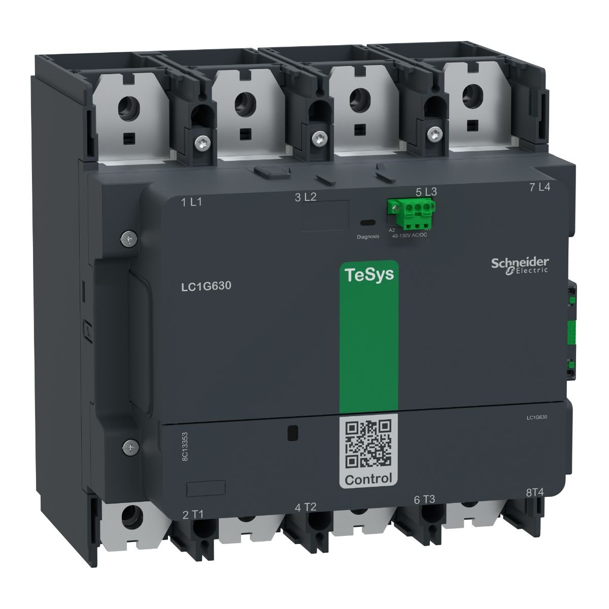 Schneider Electric LC1G6304EHEN TeSys Giga high power contactor, 4 poles (4 NO) for category AC-1 applications up to 1050A @440V. It provides a 48-130V AC/DC wide band low consumption electronic coil and embedded highly reliability 1NO+1NC auxiliary contact block (17V 1mA). Designed for demanding applications with maximum operating rates up to 600 cycles per hour and environments until 60Â°C. It procures high reliability and durability with 5 Mcycles mechanical durability. Local Contact Wear Diagnosis (CWD)