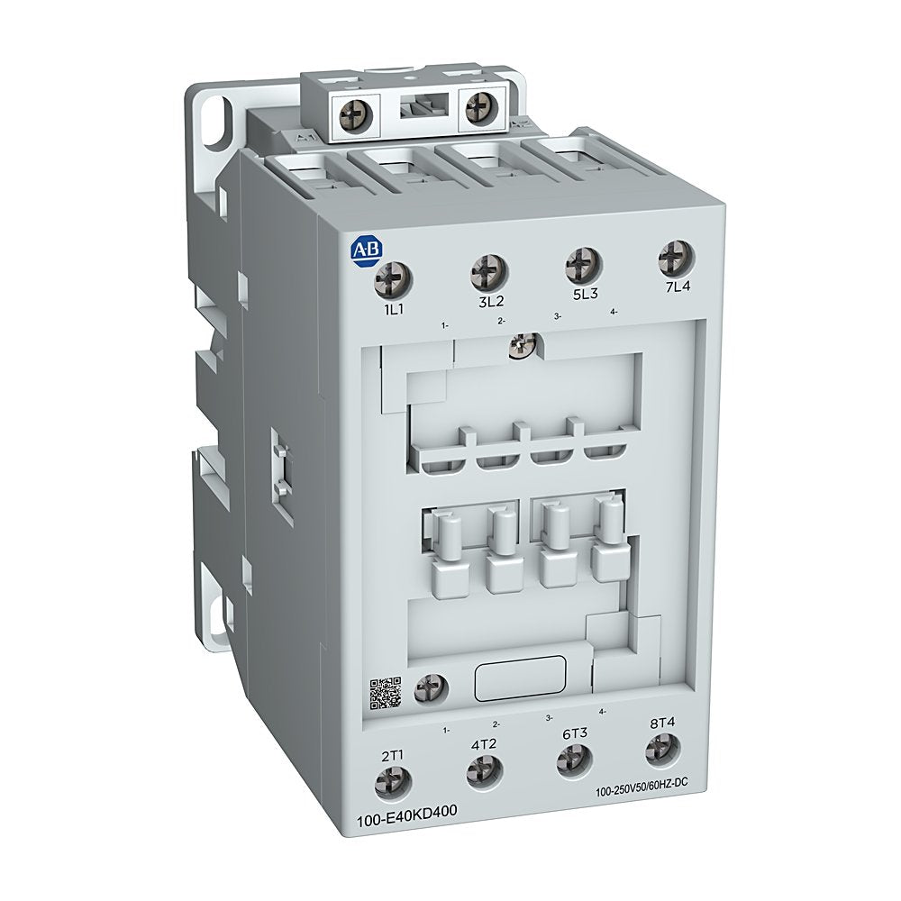 The Rockwell Automation IEC contactor which works with rated operational voltage of 100-250 V AC/DC at 70 A. This contactor has 4 (NO) main poles per contact and no (NC) auxiliary poles per contact. The contactors from this 100-E have electronic coils with built-in surge suppression. AC/DC electronic coil with built-in surge suppression Optional PLC interface on E116 to E370