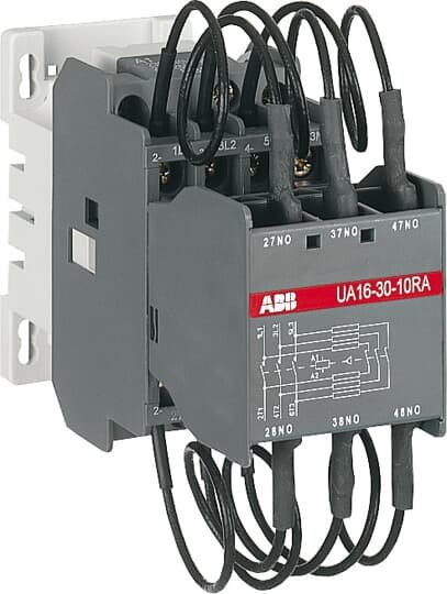 1SBL181024R8610 The ABB contactor with 1 built-in auxiliary contact and screw terminals, managing large control voltage variations, reducing panel energy consumptions and ensuring distinct operations in unstable networks. Furthermore, surge protection is built-in, offering a compact solution. UA contactors have a block type design, can be easily extended with add-on auxiliary contact blocks and an additional wide range of accessories. Close to contactor fitted with thermal O/L relay Screw terminals