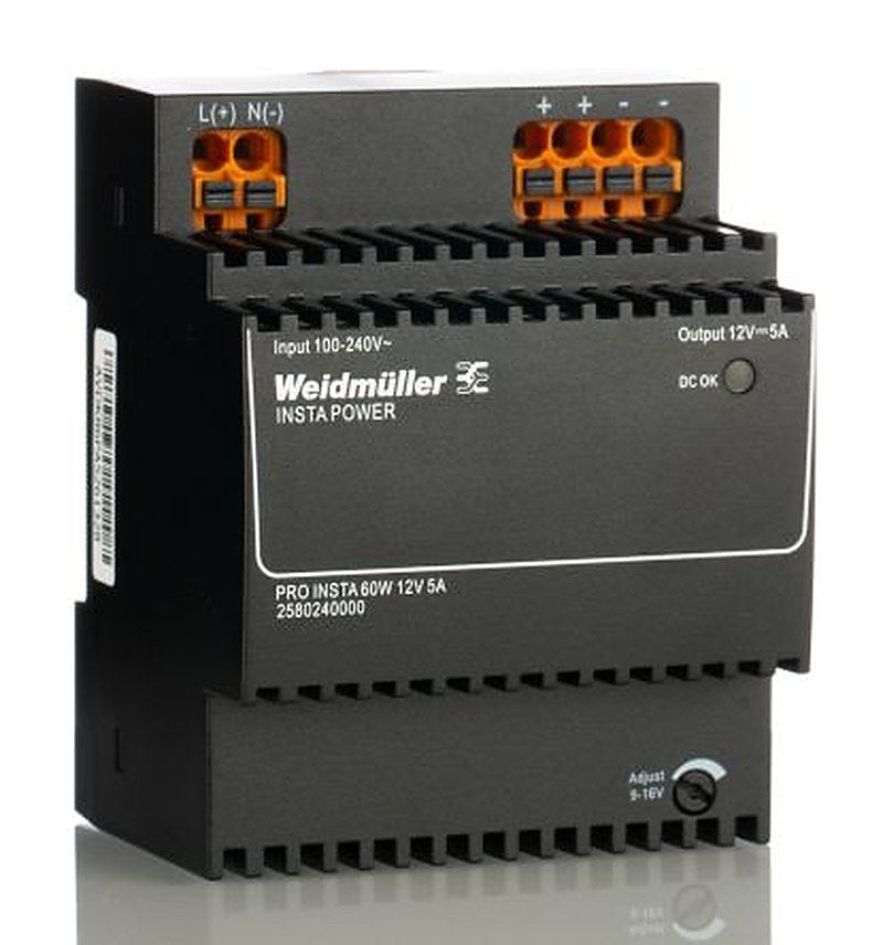 Weidmüller PRO INSTA DIN Rail DIN Rail Power Supply 370 V dc, 264V ac AC/DC Input 12V dc, 5 A Output DC 60 W