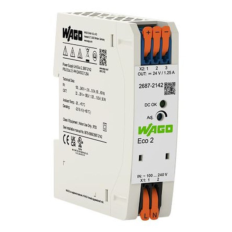 WAGO DIN Rail Power Supply 24V dc, 1.25 A Output 30 W