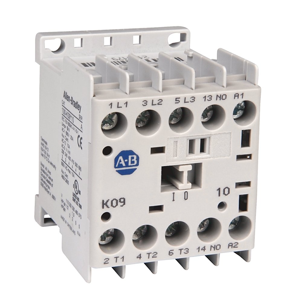 The Rockwell Automation 100-K series miniature contactors are designed for commercial and light industrial applications where panel space is at a premium. These miniature devices, while 45 mm wide, are shallower and have less panel depth requirements than standard IEC contactor. Compact size IP2X finger protection Optional integrated surge suppressor Compatible with bulletin 193-K bimetallic overload relay RoHs compliant