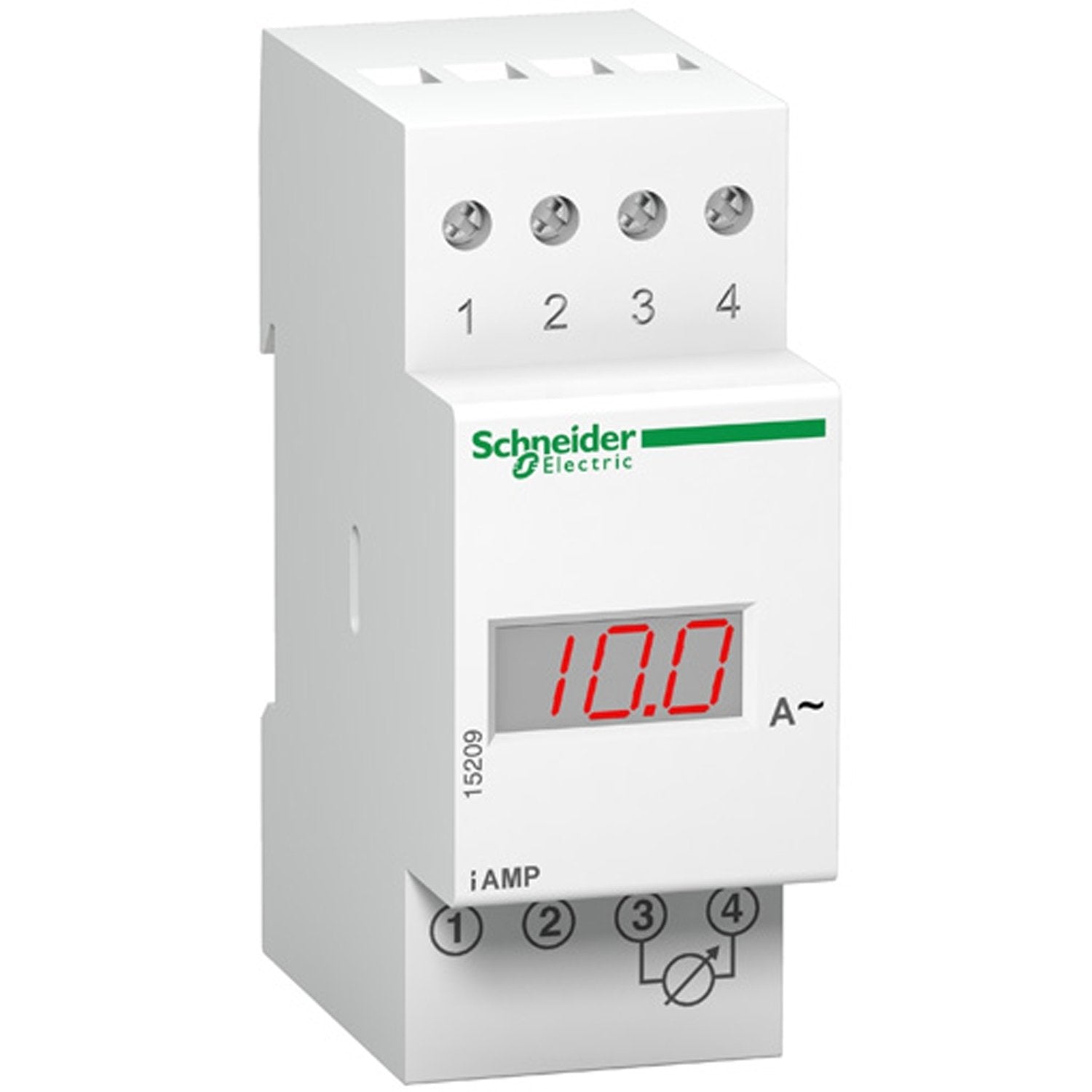 The Schneider Electric Modular digital ammeter iAMP is designed for measuring current with a range of 0 to 10A. It demonstrates efficiency with a low power consumption of 0.3 VA. The device is modular, with 4 slots at 9 mm pitches, offering flexibility in installation. With compact dimensions measuring 36 mm in width, 87 mm in height, and 65 mm in depth, the iAMP features tunnel type terminals for connection, accommodating 2 cables of 2.5 mm² each. Mercury free RoHS compliant Toxic heavy metal free