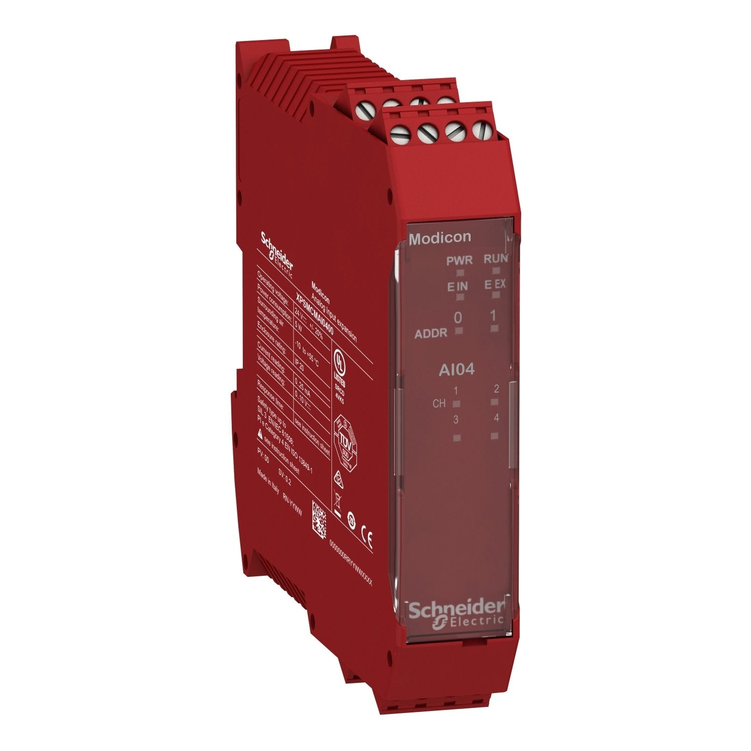 The Schneider Electric 4 Analog Input Expansion Module with screw terminals is a versatile solution with a power consumption and dissipation of 3 W. It seamlessly integrates with the backplane expansion bus, providing efficient connectivity. The module includes 4 terminal blocks, featuring 2 captive screw clamp terminals and 1 captive screw clamp terminal, each equipped with a removable terminal block for easy installation and flexibility. Mercury free RoHS compliant IP20 degree of protection Green Premium 