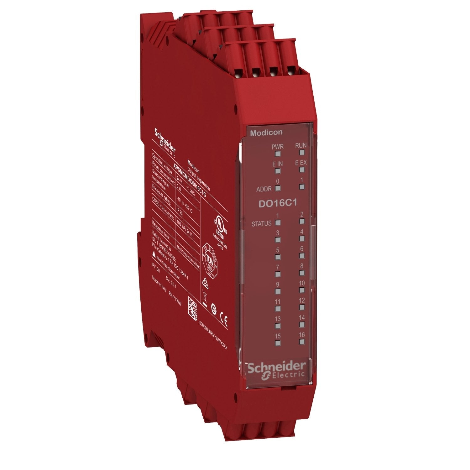 The Schneider Electric Expansion Module featuring 16 digital outputs with SIL1 safety level and spring loaded terminals. With a power consumption and dissipation of 3 W, it operates efficiently. The module utilizes a backplane expansion bus for integrated connections and includes 6 terminal blocks with 2 spring clamp terminals each. Designed for resistive loads, it complies with safety standards. It is CE certified and operates at discrete input and output voltages of 24 V DC, with a discrete output current