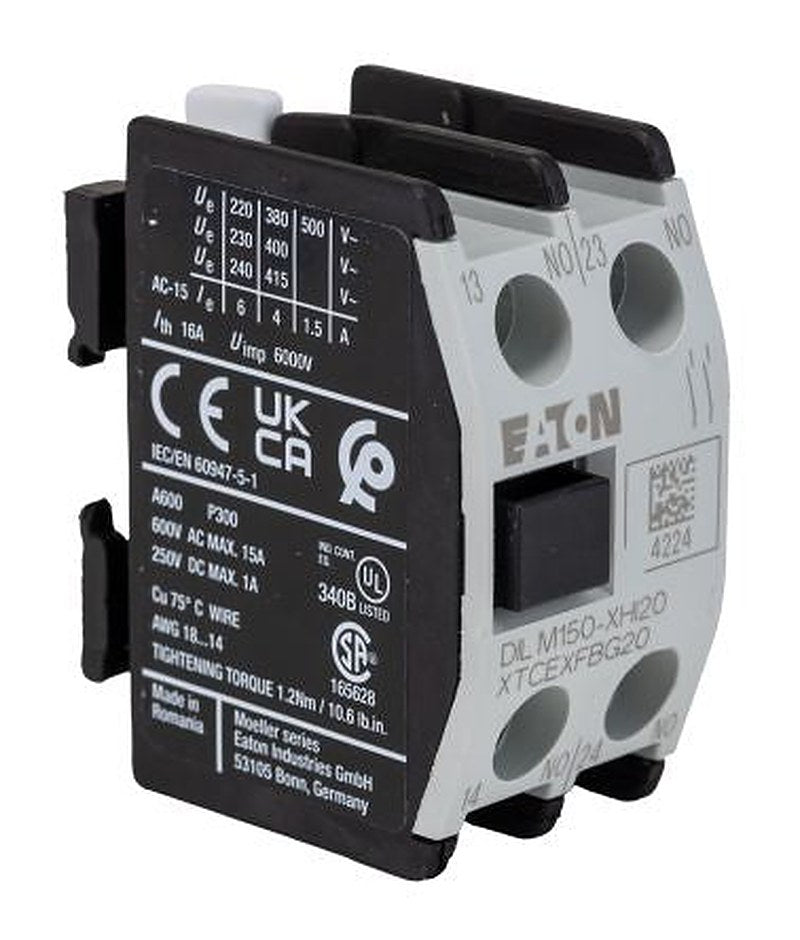 Eaton Auxiliary Contact, 2 Contact, 2 NO, DILM40 - DILM170, Front Fixing, 16 A, 500V ac, 277945 DILM150-XHI20