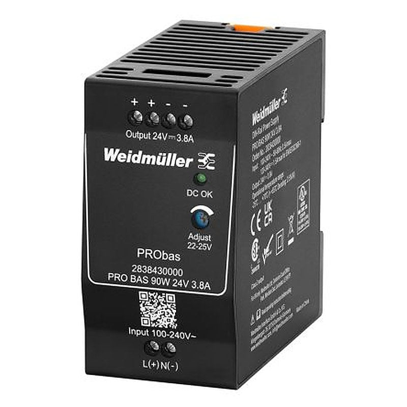 Weidmüller PRO BAS Power Supply DIN Rail Power Supply 370V ac/dc AC/DC Input 24V dc, 3.8 A Output DC 90 W