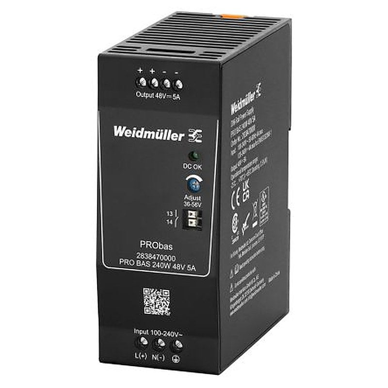 Weidmüller PRO BAS Power Supply DIN Rail Power Supply 370 V dc, 264V ac AC/DC Input 48V dc, 5 A Output DC 240 W