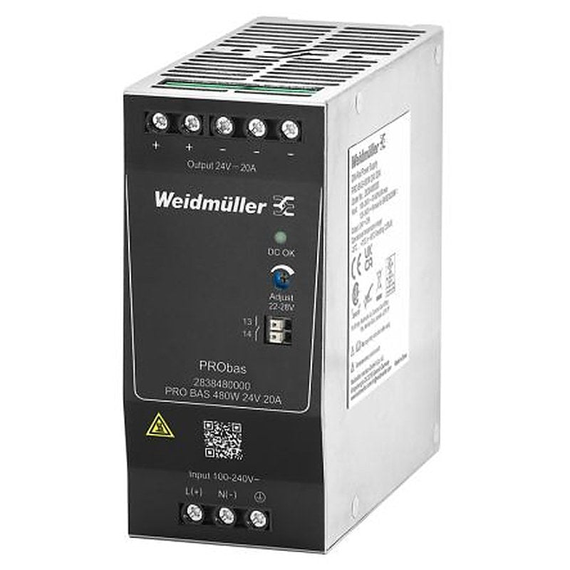 Weidmüller PRO BAS Power Supply DIN Rail Power Supply 264V ac AC/DC Input 24V dc, 20 A Output DC 480 W