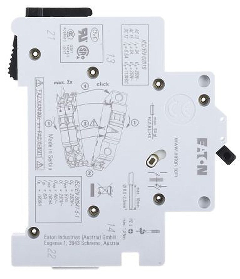 Eaton Auxiliary Contact, 2 Contact, 1 NO/1 NC, DIN Rail, 500 A, 240V ac, 286054 FAZ-XHIN11