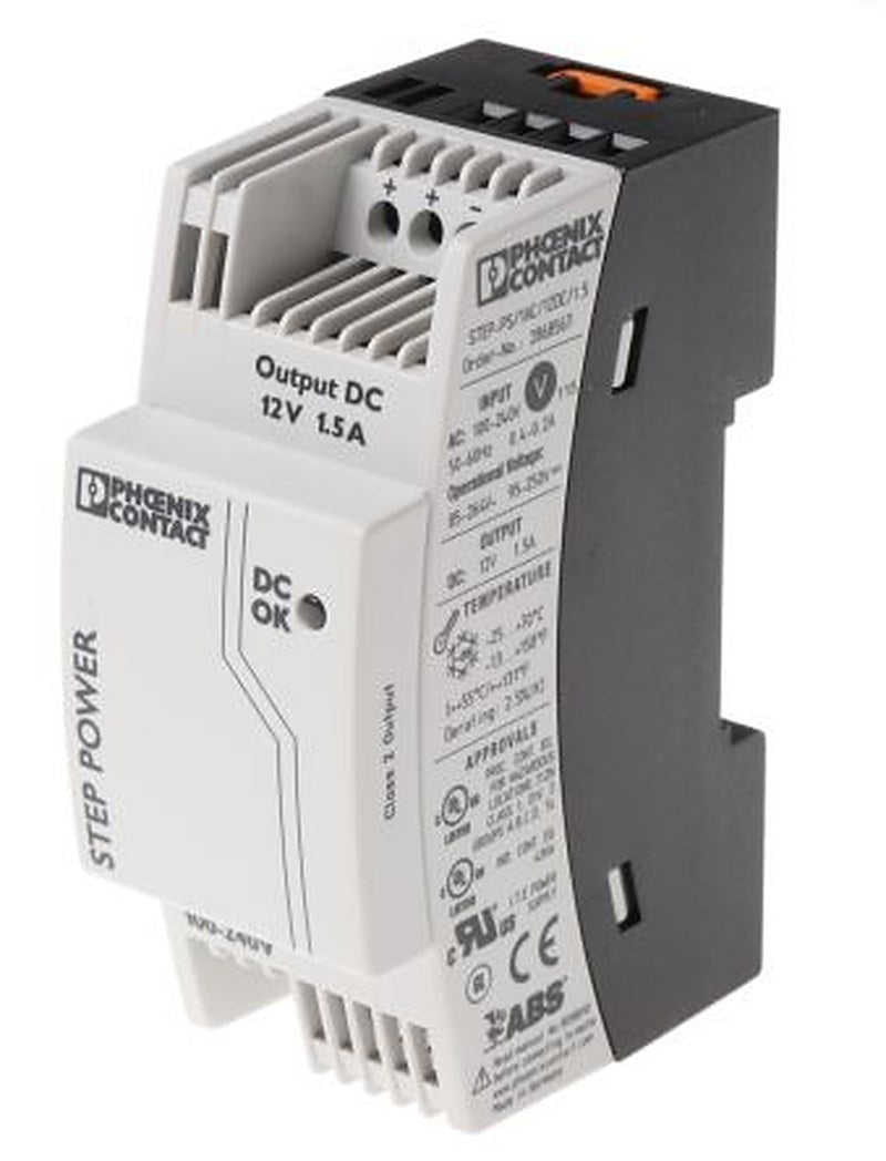 Phoenix Contact STEP-PS/1AC/12DC/1.5 Switched Mode DIN Rail Power Supply 264V ac AC Input 12V dc, 1.5 A Output DC 18 W