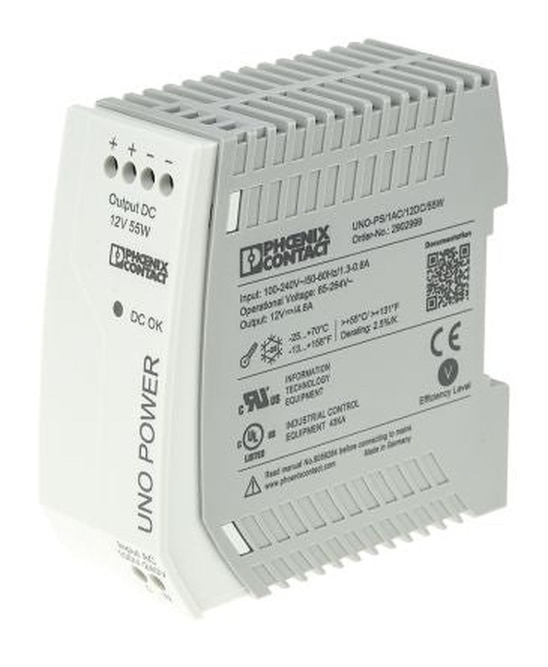 Phoenix Contact UNO POWER Switched Mode DIN Rail Power Supply 264V ac AC Input 12V dc, 4.6 A Output DC 55 W