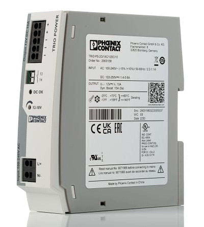 Phoenix Contact TRIO POWER Switched Mode DIN Rail Power Supply 275 V dc, 264V ac AC/DC Input 18V dc, 10 A Output DC 120