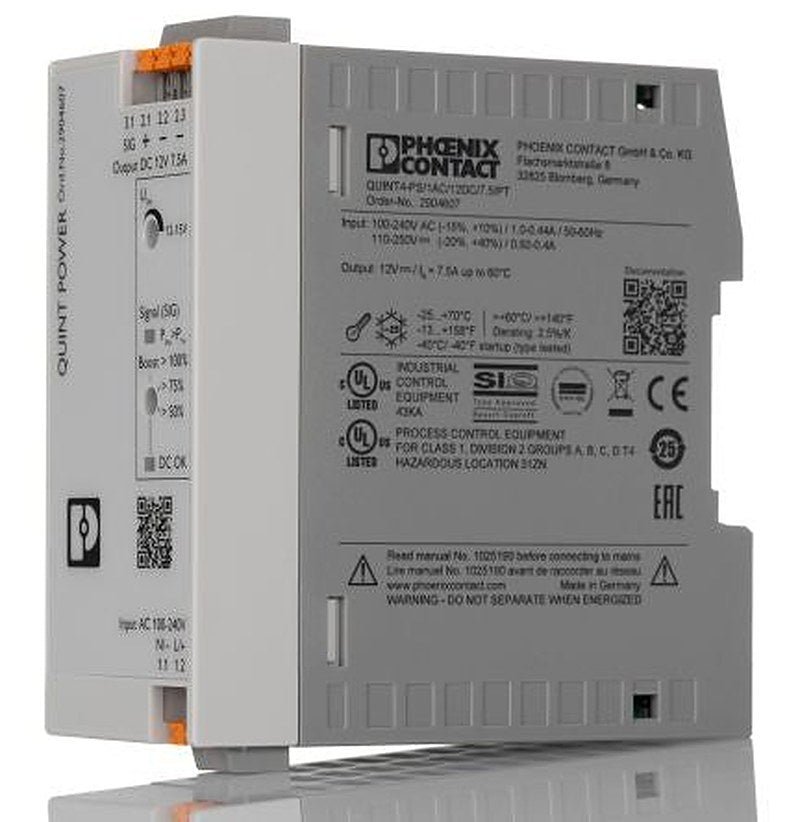 Phoenix Contact QUINT POWER Switched Mode DIN Rail Power Supply 250V ac/dc AC/DC Input 15V dc, 7.5 A Output DC 90 W