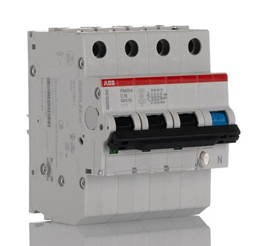 ABB FS403 Series Residual Current Circuit Breaker, 16A, 4-Pole, 100 mA, Type C, 7.5 kA 415V ac