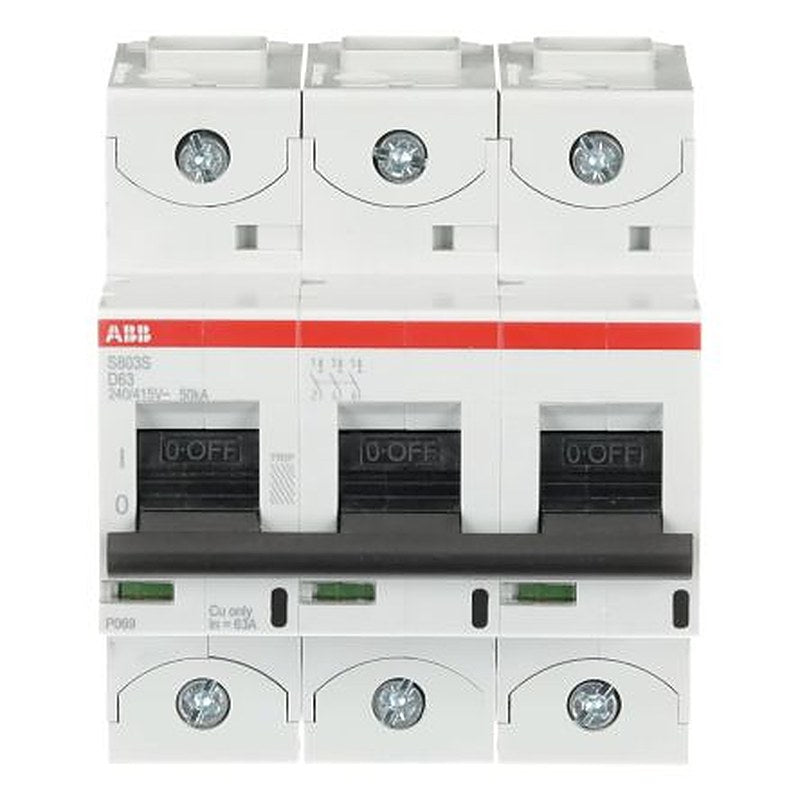 ABB High Performance S800S Miniature Circuit Breaker, 3-Pole, 63A, Type D, 690V ac AC, 250 V dc DC, 50 kA Breaking