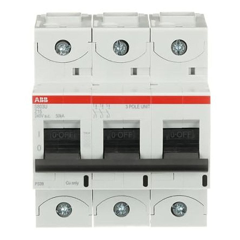 ABB S800U Miniature Circuit Breaker, 3-Pole, 15A, Type Z, 240V ac AC, 50 kA Breaking Capacity