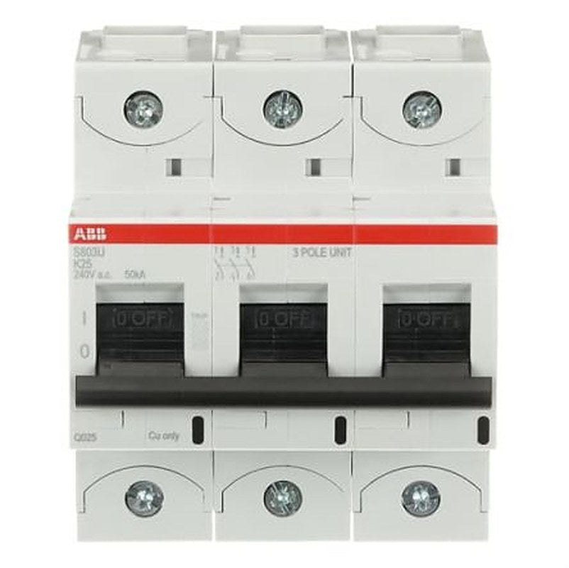 ABB S800U Miniature Circuit Breaker, 3-Pole, 25A, Type K, 240V ac AC, 50 kA Breaking Capacity
