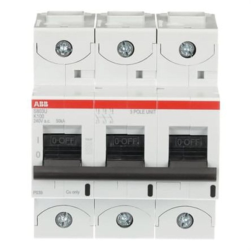 ABB S800U Miniature Circuit Breaker, 3-Pole, 100A, Type K, 240V ac AC, 50 kA Breaking Capacity